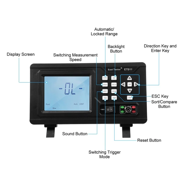 East Tester ET511 DC hordozható mikroellenállástesztelő egyenáramú LCD kijelző háttérvilágítással az ellenállásméréshez (10μΩ~20kΩ)