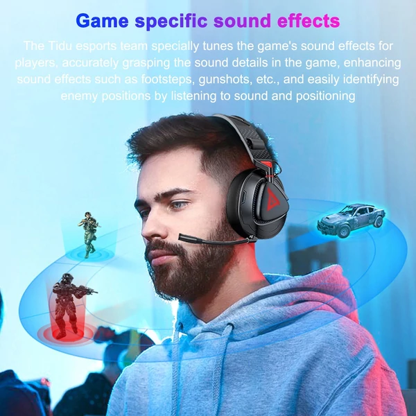 TAIOU Over Ear Gaming könnyű E-sport fejhallgató BT5.3 és 2.4G vezeték nélküli 3.5mm vezetékes - Fekete és piros