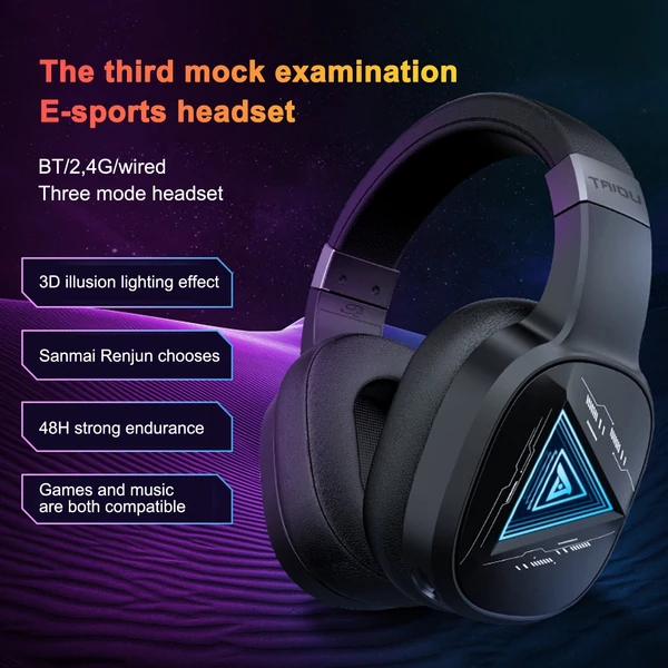 TAIOU Over Ear BT5.2 és 2,4G vezeték nélküli E-Sports játékfejhallgató 3,5 mm-es vezetékes - Fekete