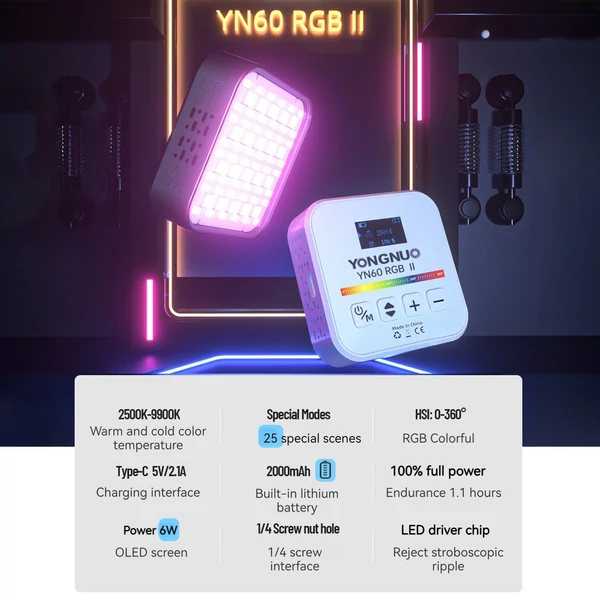 YONGNUO YN60RGB II 6W zseb LED RGB mini fényképezés, videó lámpa - Fekete