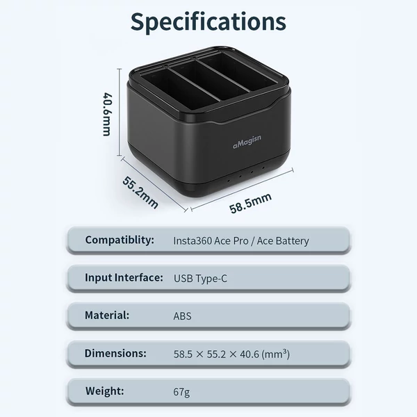 aMagisn AC21 akkumulátortöltő 3 akkumulátorcsatornás töltődobozzal, USB porttal és 2 kártyanyílással