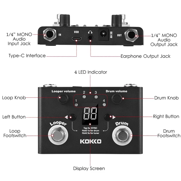 KOKKO többfunkciós Drum & Looper Effect pedálhangoló BT lapfordító