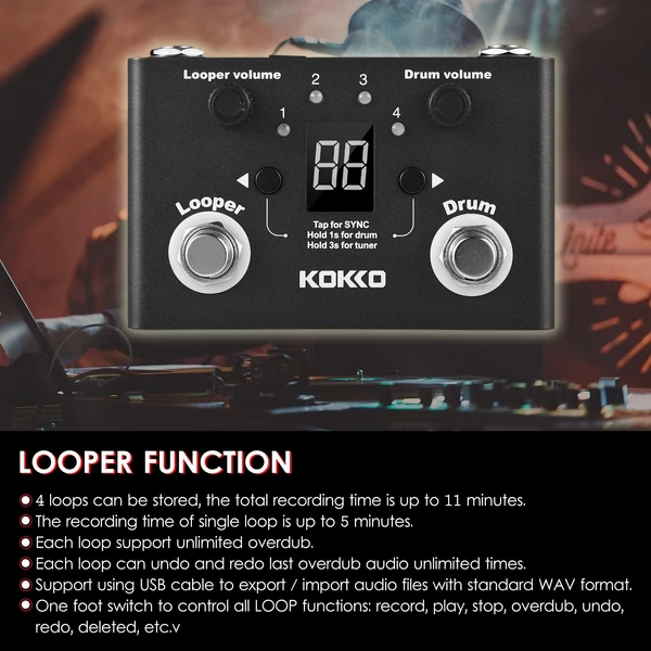 KOKKO többfunkciós Drum & Looper Effect pedálhangoló BT lapfordító