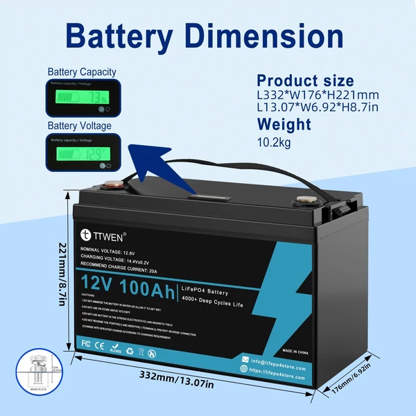 TTWEN 12V 100Ah LiFePO4 lítium akkumulátor csomag tartalék táp