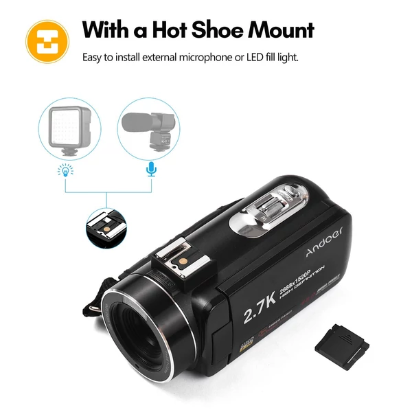 Andoer 2.7K digitális kamera DV felvevő 48MP 16X digitális zoom 3.0 hüvelykes IPS érintőpanel