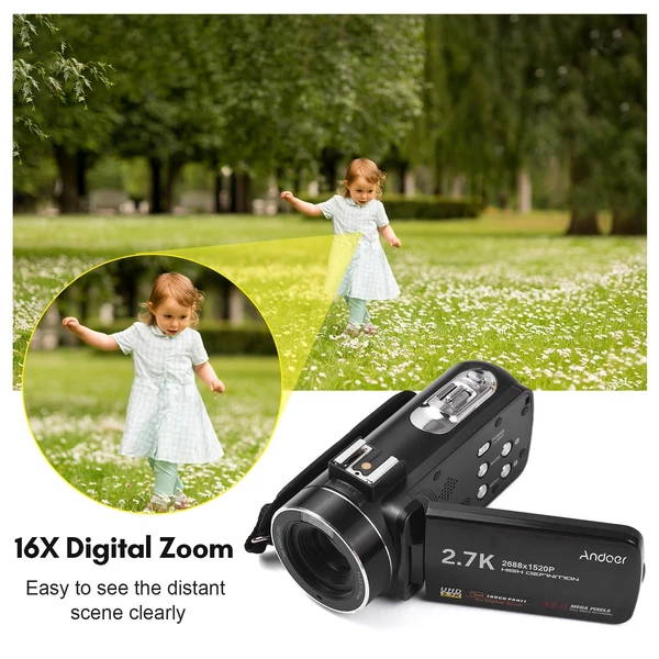 Andoer 2.7K digitális kamera DV felvevő 48MP 16X digitális zoom 3.0 hüvelykes IPS érintőpanel