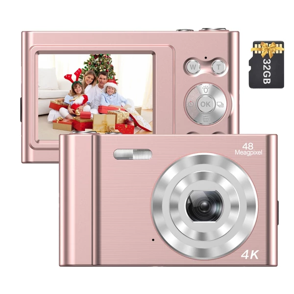 Andoer 4K digitális videokamera 48 MP 2,4 hüvelykes IPS képernyő 32 GB memóriakártyával - Pink