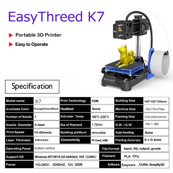 EasyThreed K7 Mini asztali 3D nyomtató gyerekeknek 100x100x100 mm-es nyomtatási mérettel kezdőknek, oktatóknak - Fekete