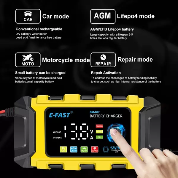 E-FAST autós akkumulátortöltők 12V/6A teljesen automatikus akkumulátortöltők karbantartója
