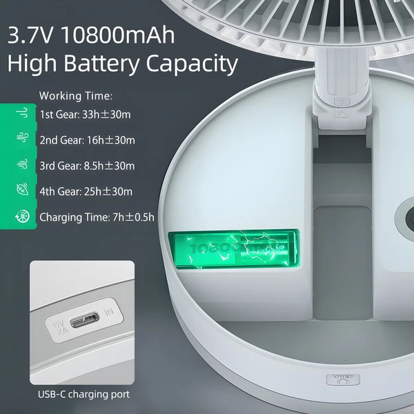 9 hüvelykes hordozható talapzatú ventilátor 10800 mAh akkumulátor - Fehér