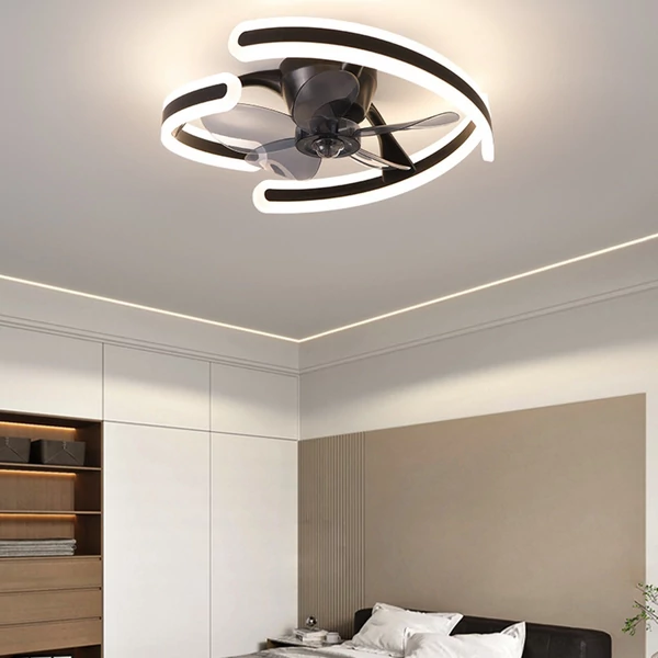 Modern mennyezeti ventilátor lámpa félig süllyesztve, szabályozható LED lámpákkal, 3 fényszín, 6 szélsebesség - Fekete