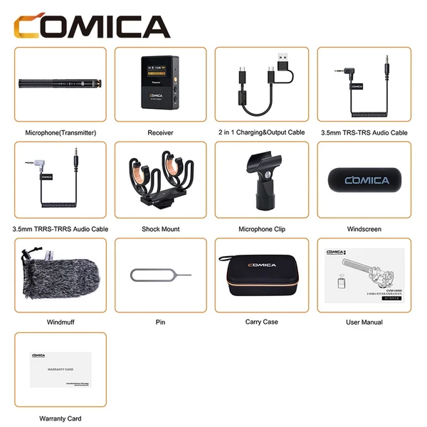 COMICA VM30 2,4G kameramikrofon, kardioid kondenzátor mikrofonrendszer 3,5 mm-es portos OLED képernyővel