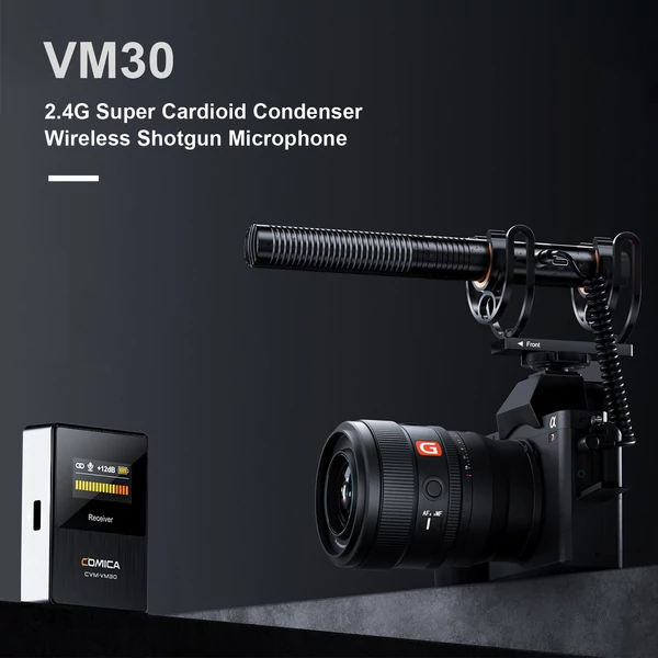 COMICA VM30 2,4G kameramikrofon, kardioid kondenzátor mikrofonrendszer 3,5 mm-es portos OLED képernyővel