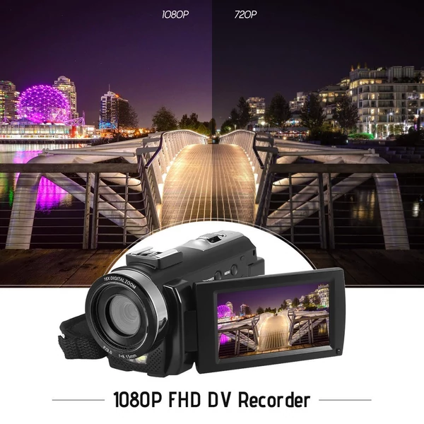 Andoer HDV-201LM 1080P FHD digitális videokamera DV felvevő - 2db újratölthető elemmel + extra 0,39X széles látószögű lencsével + külső mikrofonnal + külső mini LED lámpával