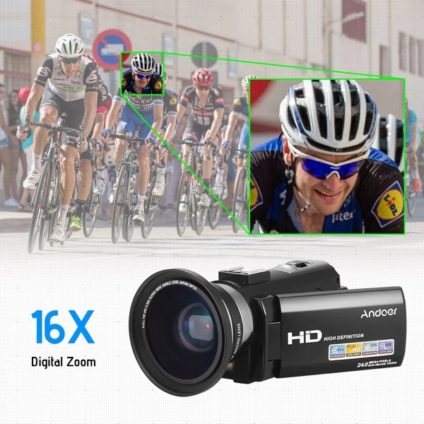 Andoer HDV-201LM 1080P FHD digitális videokamera DV felvevő - 2db újratölthető elemmel + extra 0,39X széles látószögű lencsével + külső mikrofonnal + külső mini LED lámpával