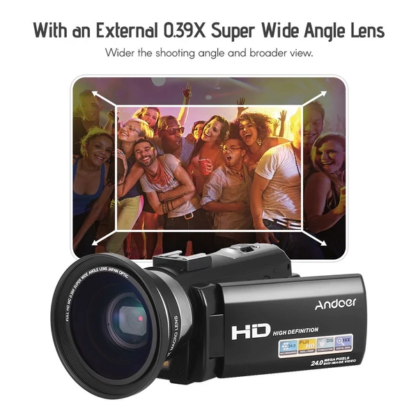 Andoer HDV-201LM 1080P FHD digitális videokamera DV felvevő - 2db újratölthető elemmel + extra 0,39X széles látószögű lencsével + külső mikrofonnal + külső mini LED lámpával