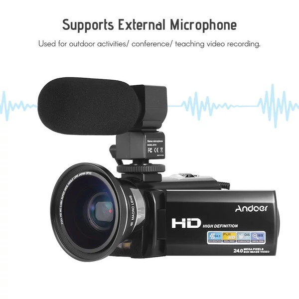 Andoer HDV-201LM 1080P FHD digitális videokamera DV felvevő - 2db újratölthető elemmel + extra 0,39X széles látószögű lencsével + külső mikrofonnal + külső mini LED lámpával