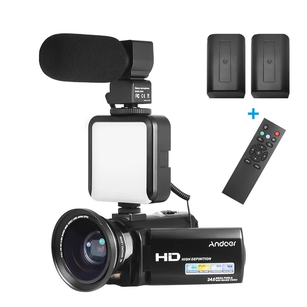 Andoer HDV-201LM 1080P FHD digitális videokamera DV felvevő - 2db újratölthető elemmel + extra 0,39X széles látószögű lencsével + külső mikrofonnal + külső mini LED lámpával