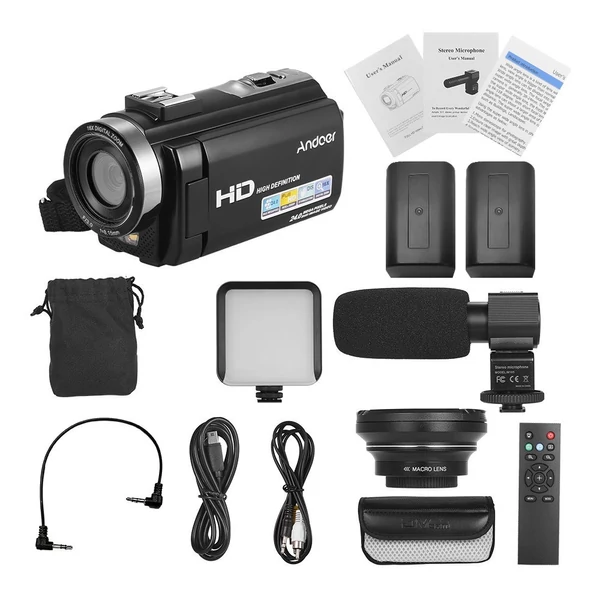 Andoer HDV-201LM 1080P FHD digitális videokamera DV felvevő - 2db újratölthető elemmel + extra 0,39X széles látószögű lencsével + külső mikrofonnal + külső mini LED lámpával