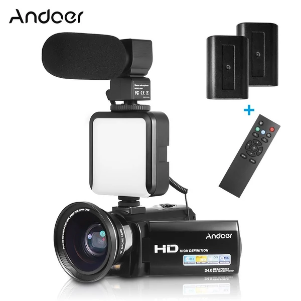 Andoer HDV-201LM 1080P FHD digitális videokamera DV felvevő - 2db újratölthető elemmel + extra 0,39X széles látószögű lencsével + külső mikrofonnal + külső mini LED lámpával