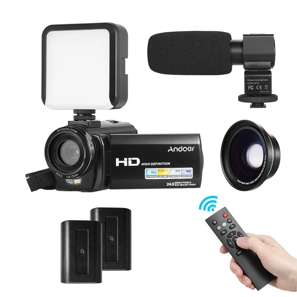 Andoer HDV-201LM 1080P FHD digitális videokamera DV felvevő - 2db újratölthető elemmel + extra 0,39X széles látószögű lencsével + külső mikrofonnal + külső mini LED lámpával