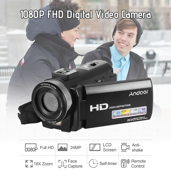 Andoer HDV-201LM 1080P FHD digitális videokamera DV felvevő - 2db újratölthető elemmel