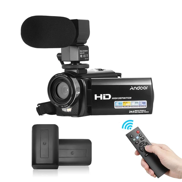 Andoer HDV-201LM 1080P FHD digitális videokamera DV felvevő - 2db újratölthető elemmel + külső mikrofonnal