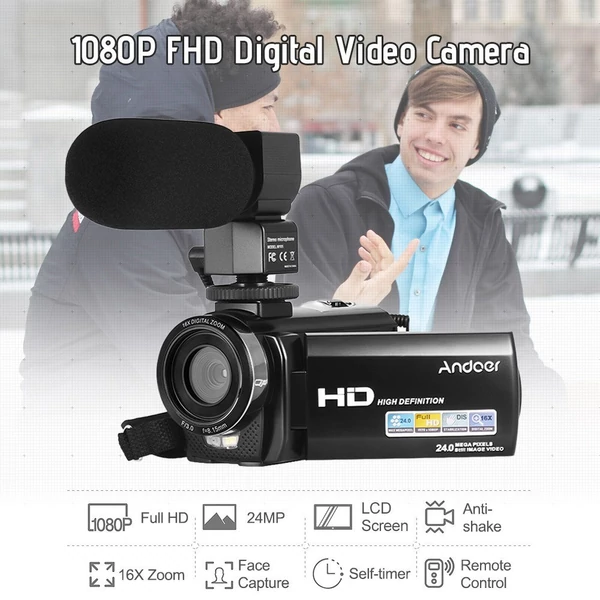 Andoer HDV-201LM 1080P FHD digitális videokamera DV felvevő - 2db újratölthető elemmel + külső mikrofonnal