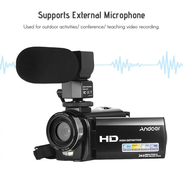 Andoer HDV-201LM 1080P FHD digitális videokamera DV felvevő - 2db újratölthető elemmel + külső mikrofonnal