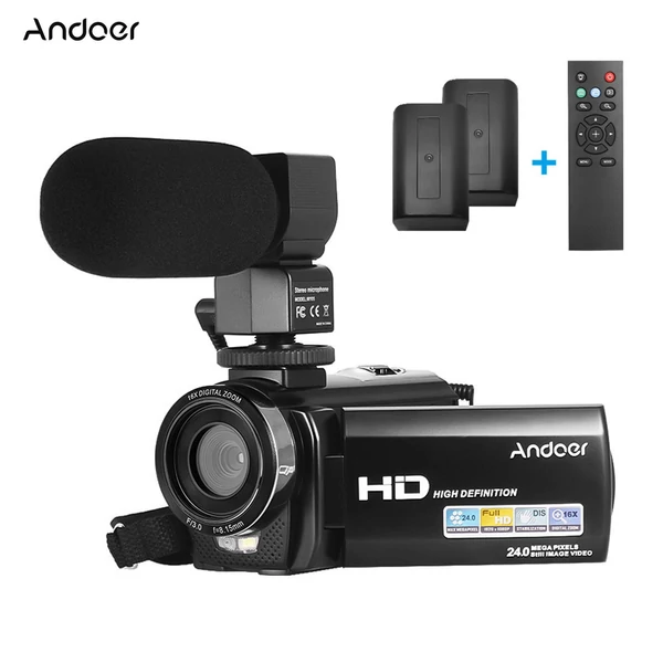 Andoer HDV-201LM 1080P FHD digitális videokamera DV felvevő - 2db újratölthető elemmel + külső mikrofonnal