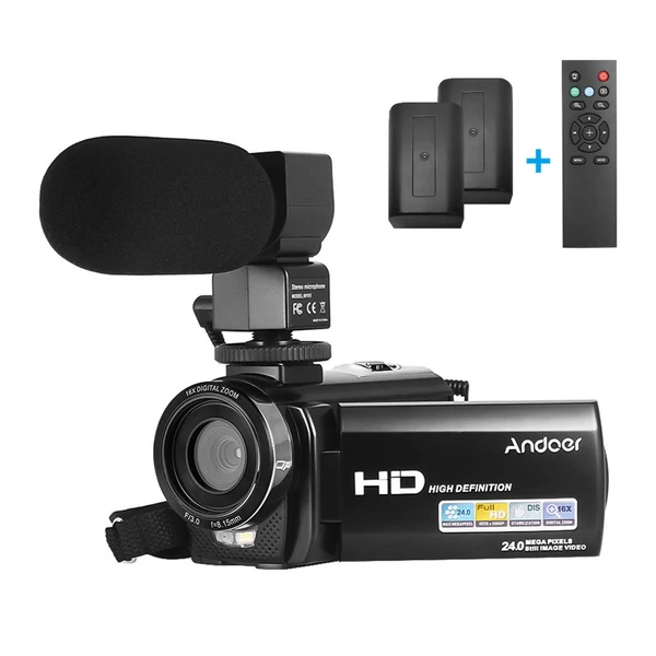 Andoer HDV-201LM 1080P FHD digitális videokamera DV felvevő - 2db újratölthető elemmel + külső mikrofonnal