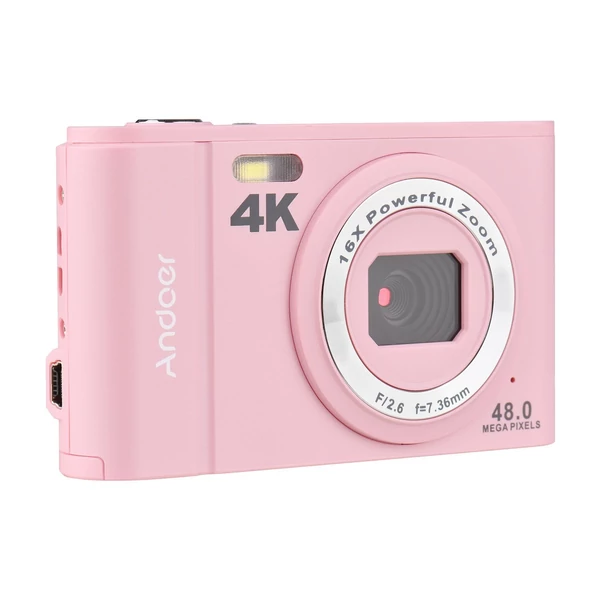 Andoer 48MP 4K 2,8 hüvelykes digitális fényképezőgép IPS képernyő 16x zoom önkioldó 2db elemmel, kézi szíjjal, hordtáskával - Pink