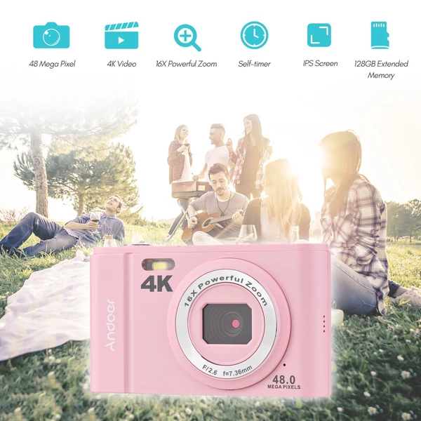 Andoer 48MP 4K 2,8 hüvelykes digitális fényképezőgép IPS képernyő 16x zoom önkioldó 2db elemmel, kézi szíjjal, hordtáskával - Pink