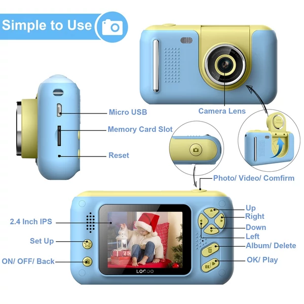 1080P digitális mini videokamera gyerekeknek 40MP 2,4 hüvelykes IPS képernyő 180°-ban forgatható objektív - Kék és sárga