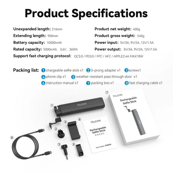 TELESIN TE-CSS-001 Újratölthető Selfie Stick QC/PD3.0 gyorstöltés
