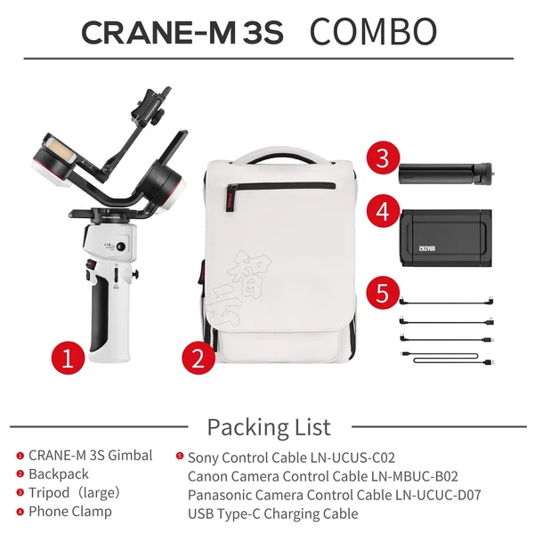 ZHIYUN CRANE-M3S COMBO kamera kézi 3 tengelyes kardánstabilizátorral, mini állvánnyal, hátizsákkal, telefonbilincssel