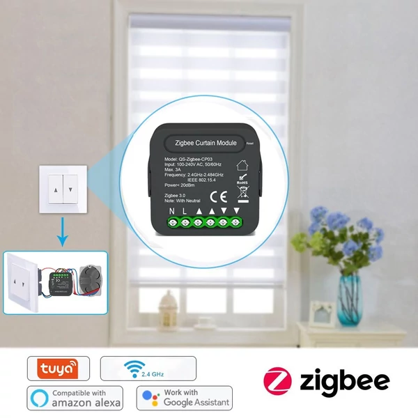 QS-Zigbee-CP03 Tuya intelligens függönykapcsoló modul mobiltelefon eszközmegosztás, időzítési funkció, APP távirányító (5 db)