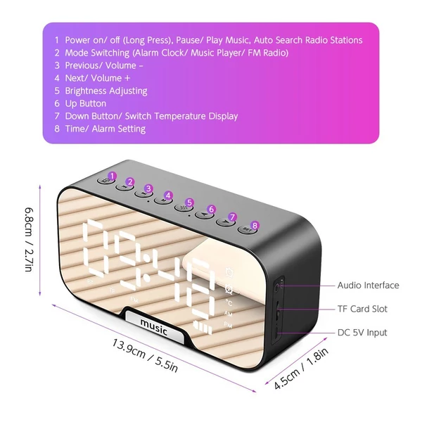 Digitális tükörfelületű ébresztőóra BT hangszóróval, FM rádióval és hőmérséklet-kijelzővel, kettős ébresztővel - Fehér