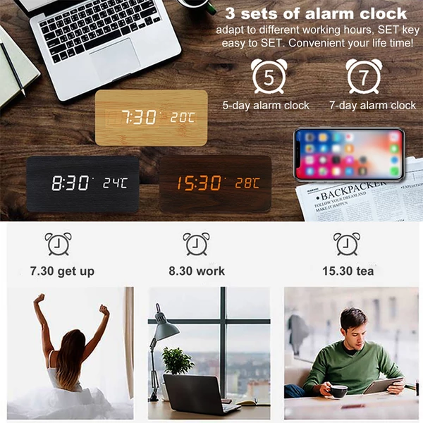 Fából készült digitális ébresztőóra vezeték nélküli töltéssel