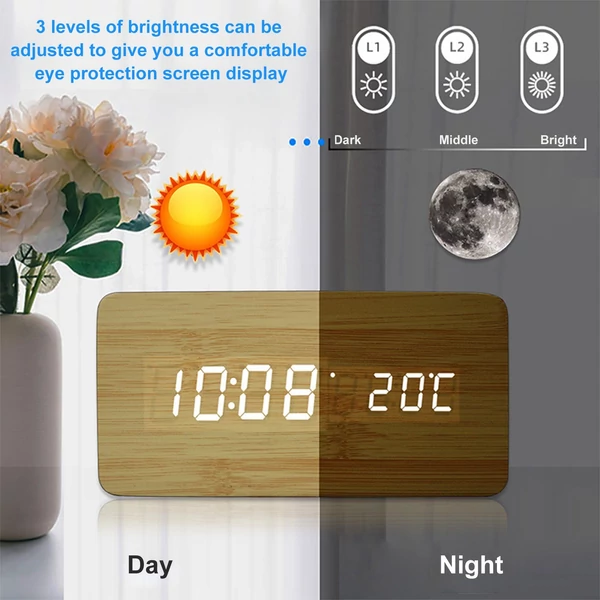 Fából készült digitális ébresztőóra vezeték nélküli töltéssel