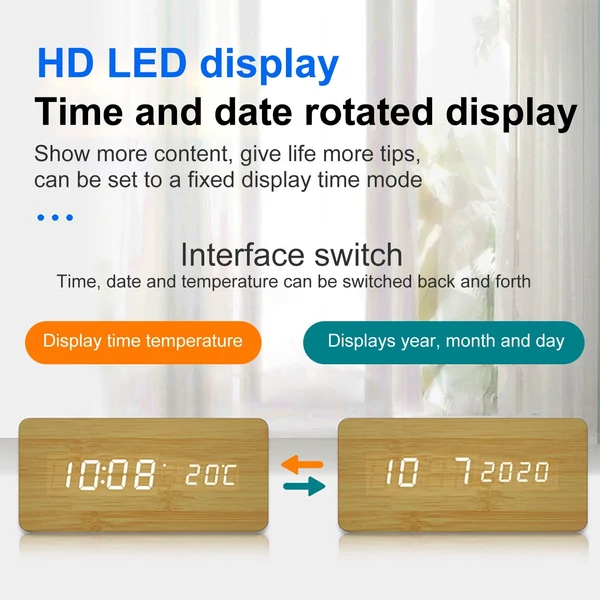 Fából készült digitális ébresztőóra vezeték nélküli töltéssel