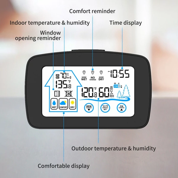 Beltéri és kültéri nedvességmérő hőmérő idő háttérvilágítással - Fekete