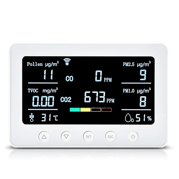 Intelligens Tuya 2,4 GHz-es WiFi 8 az 1-ben beltéri levegőminőség-figyelő - Fehér