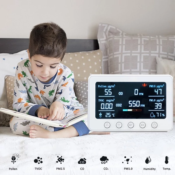 Intelligens Tuya 2,4 GHz-es WiFi 8 az 1-ben beltéri levegőminőség-figyelő - Fehér
