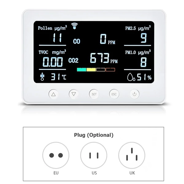 Intelligens Tuya 2,4 GHz-es WiFi 8 az 1-ben beltéri levegőminőség-figyelő - Fehér