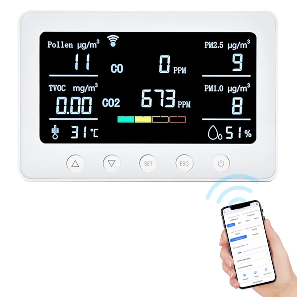 Intelligens Tuya 2,4 GHz-es WiFi 8 az 1-ben beltéri levegőminőség-figyelő - Fehér