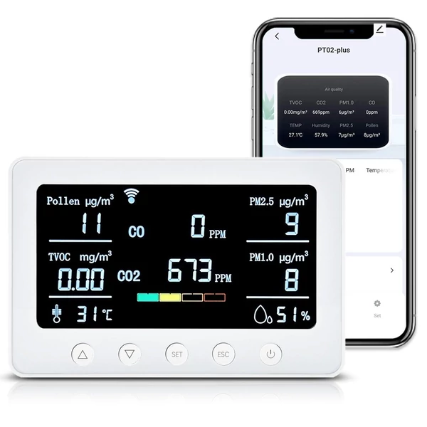 Intelligens Tuya 2,4 GHz-es WiFi 8 az 1-ben beltéri levegőminőség-figyelő - Fehér
