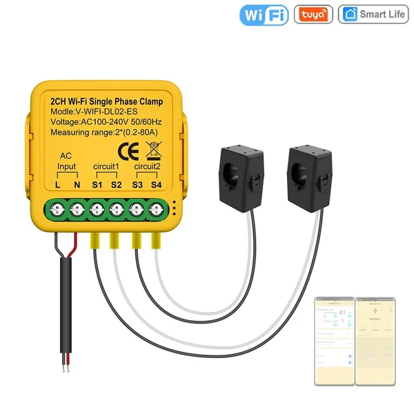 Tuya WiFi ki-be vezérlő 80A energiamérő áramváltó bilincs - 2 csatornás