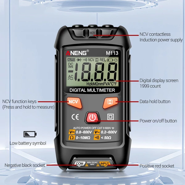 ANENG M113 digitális mini multiméter teszter Intelligens AC/DC feszültségmérő - Fekete