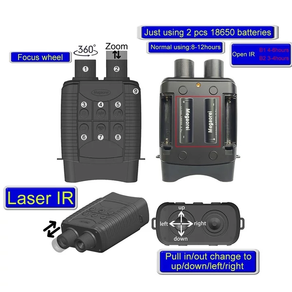 Megaorei 3 hüvelykes képernyő, 1080P éjjellátó távcső, 850 nm-es infravörös megvilágító, 1-10X digitális zoom - akkumulátorral és töltővel